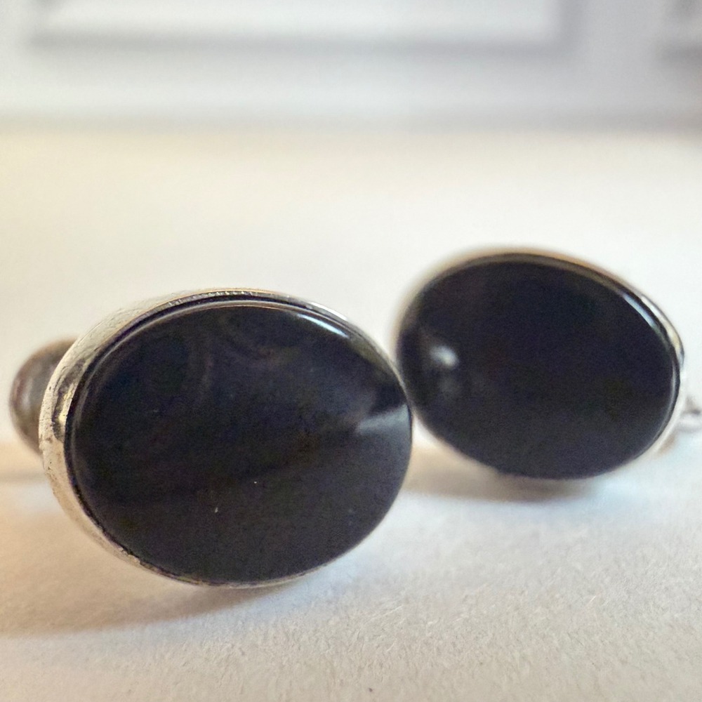 Vintage WRE Sterling Silver Earrings Black Onyx Oval Stud Screw Back MCM
